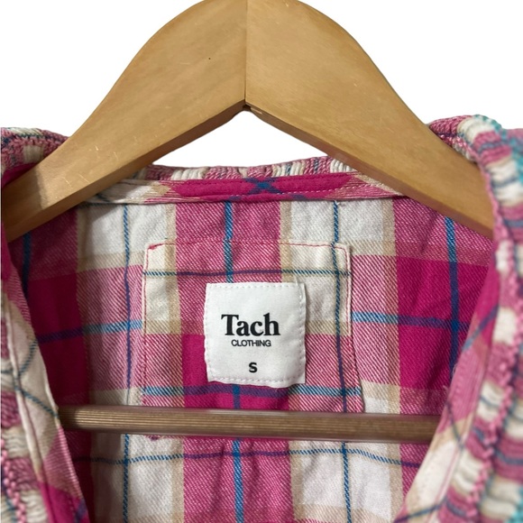 TACH Pink Plaid Ruffle Button Down Shirt Top Blouse - Picture 7 of 9